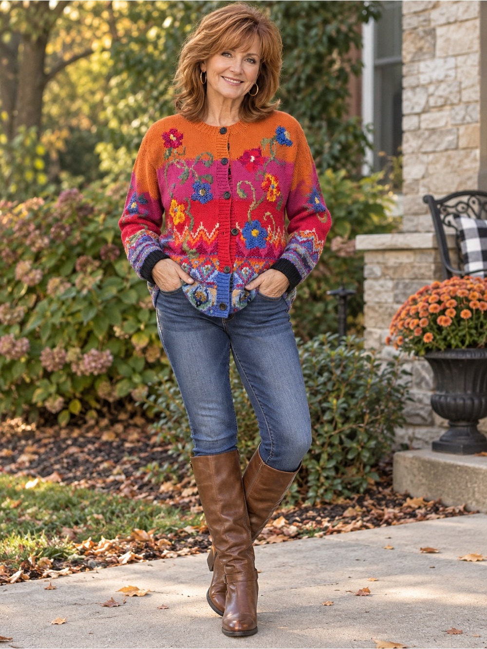 Vintage 1990s Susan Bristol Color-Block Floral Themed Cardigan Sweater